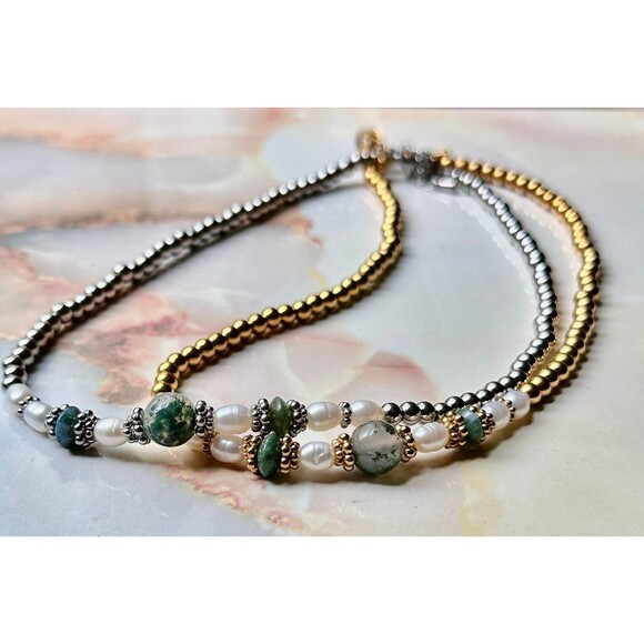 Moss Agate Layer Necklace for Women Gold Silver Pearl Green Beaded Handmade - Picture 1 of 5